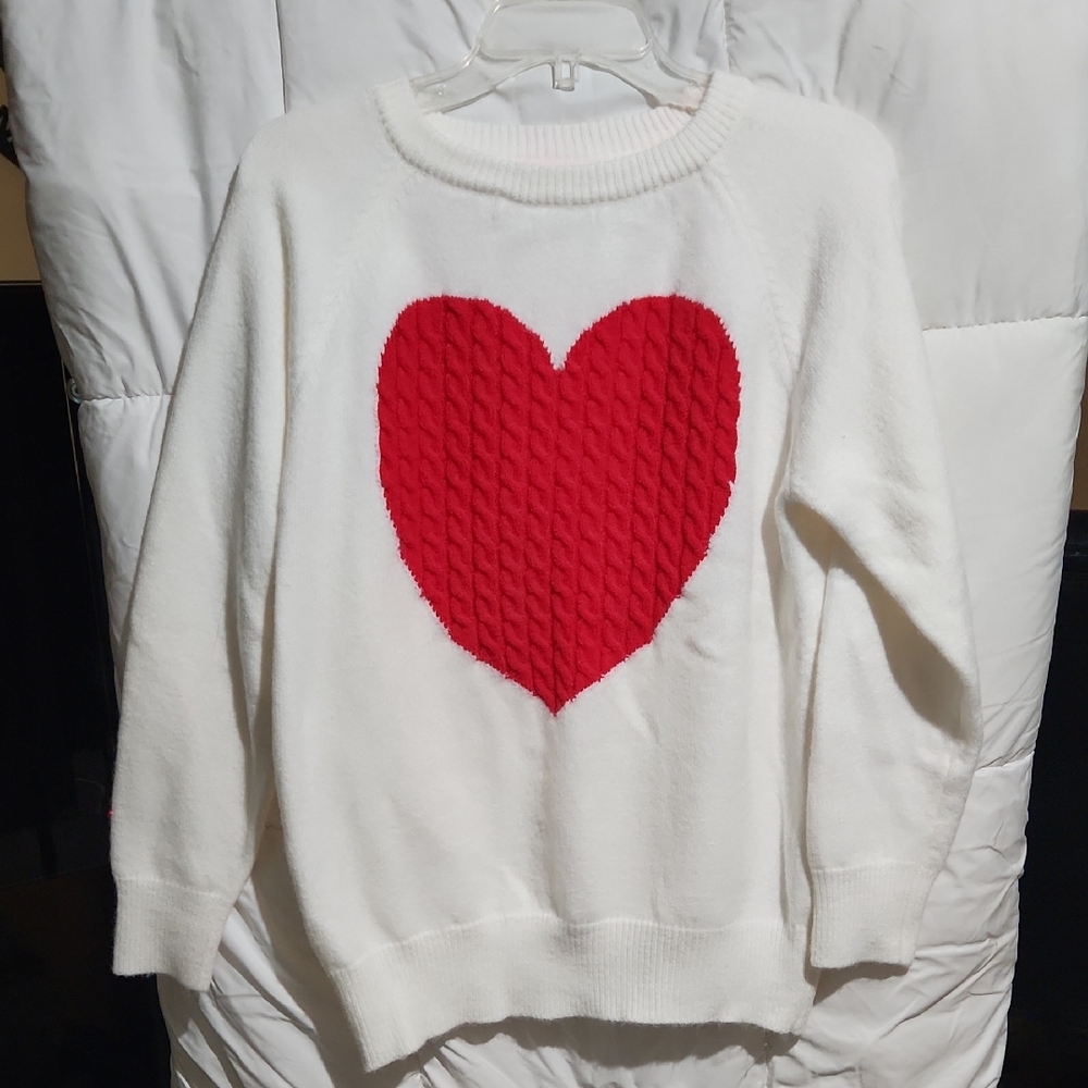 Vine & Love White Red Heart Crew Neck Sweater